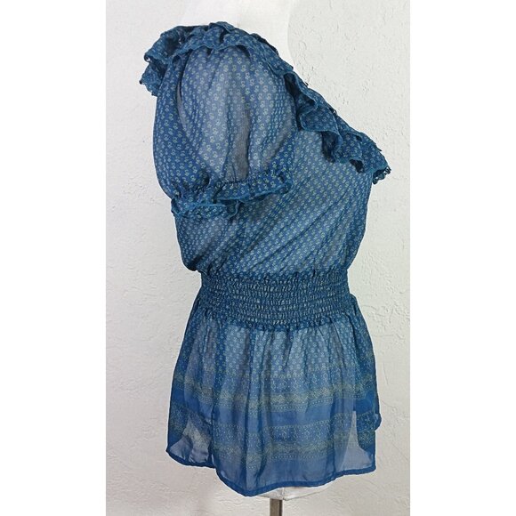 Suzy Shier Top Small Multicolor Geometric Ruffle Neckline Floral Sheer - Picture 2 of 5